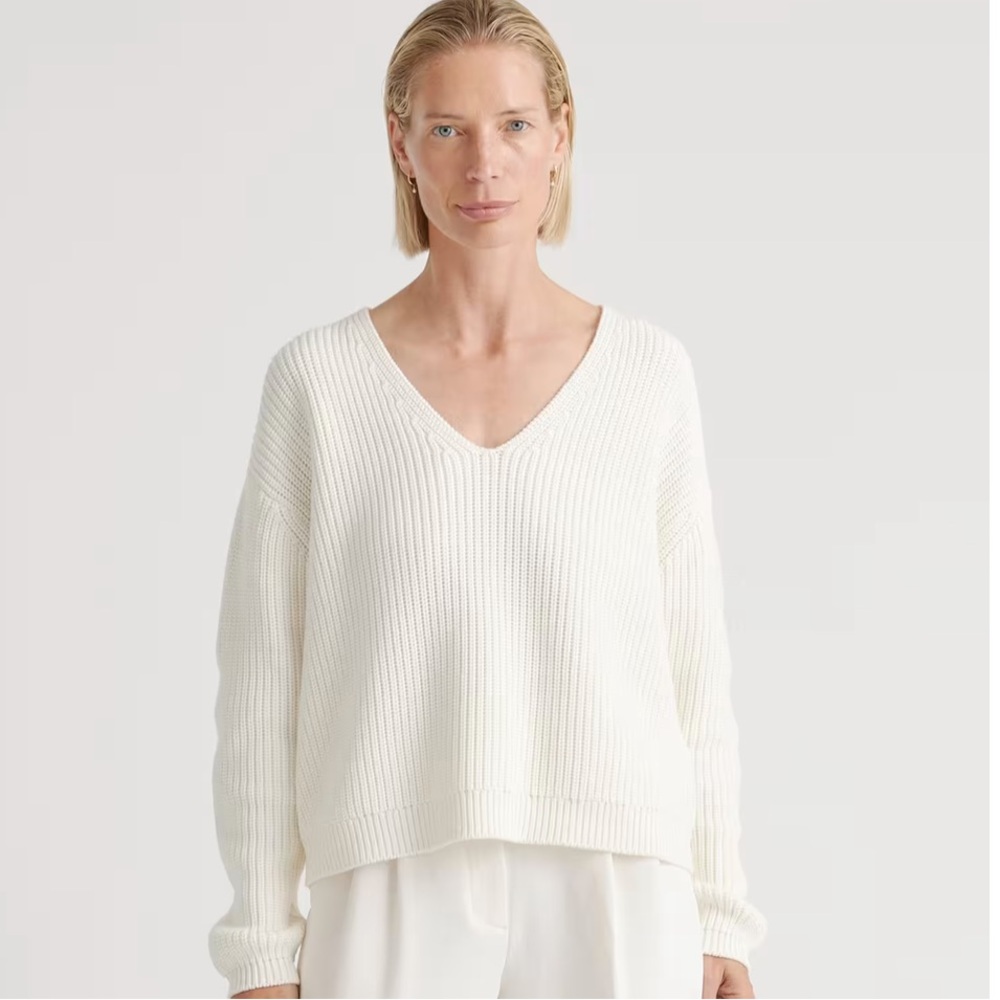 EUC Lucky Brand Cotten Knit Cream V Neck Sweater